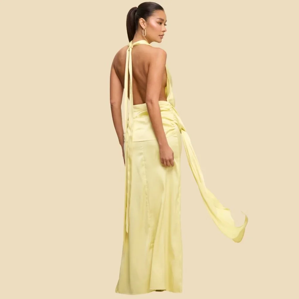 NWT -Yellow Satin Halter Maxi Dress Wedding Guest Prom (Medium) - Picture 3 of 8